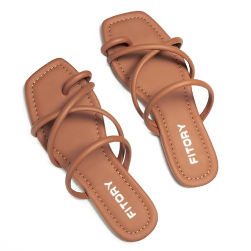 FITORY Women's Slide Sandals Flat Toe Ring Thongs with Cross Strap for Summer Size 11 All Brown | Amazon (US)