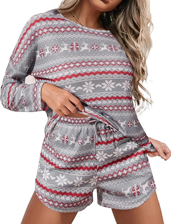Ekouaer Womens Waffle Knit Pajama Sets Long Sleeve Top and Shorts Matching Lounge Set Loungewear ... | Amazon (US)