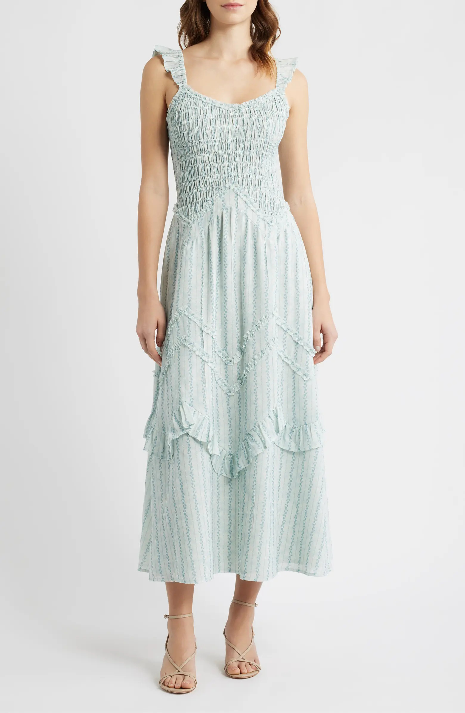 MOON RIVER Floral Smocked Bodice Flutter Sleeve Midi Dress | Nordstrom | Nordstrom