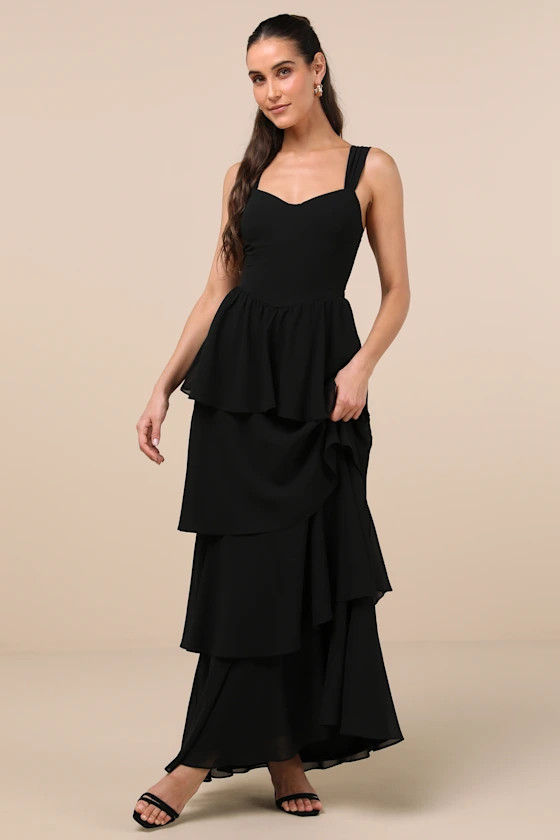 Carlynda Black Tiered Bustier Maxi Dress | Lulus