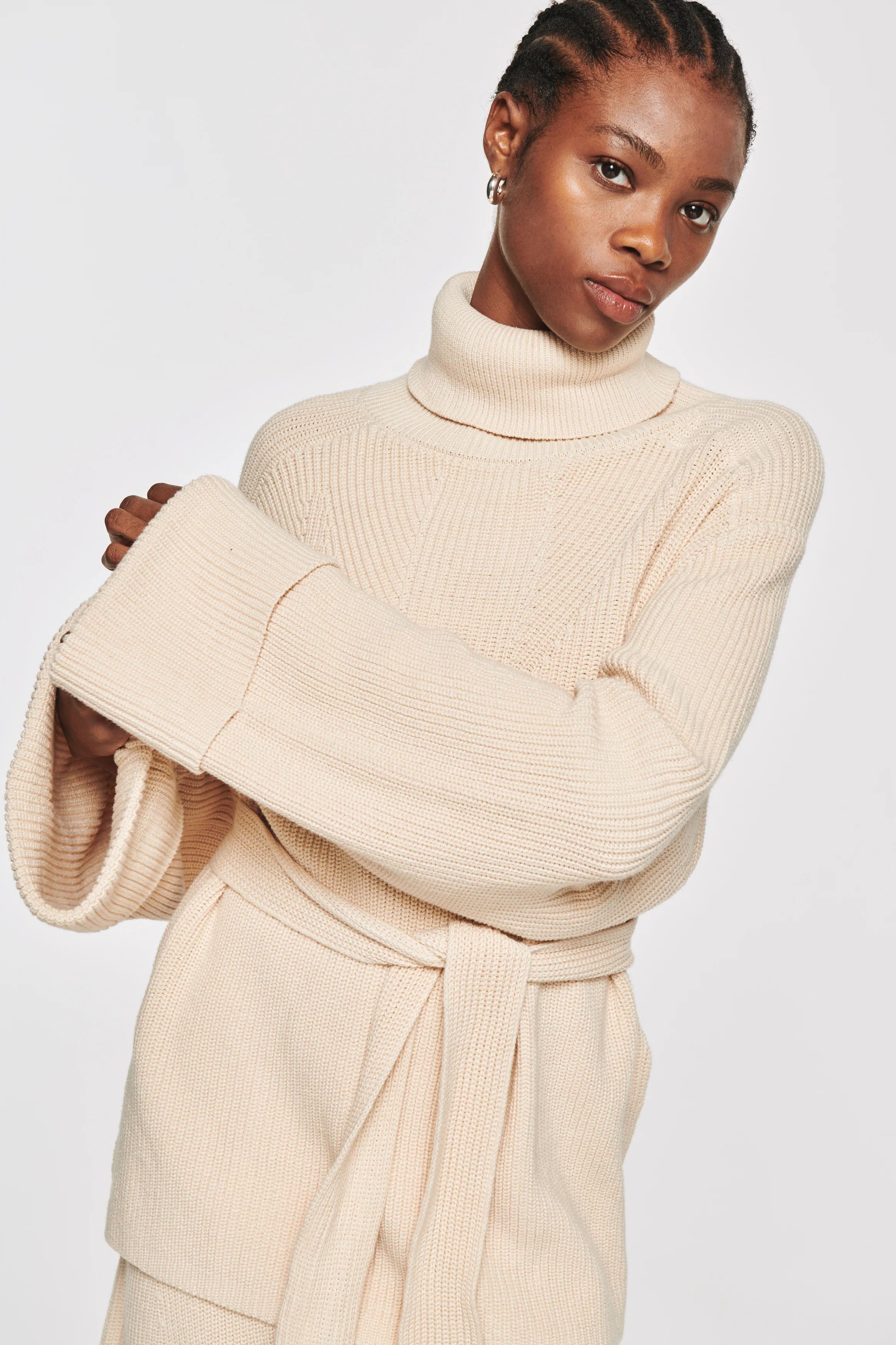 Michaela | Cotton High Neck Belted Knit in Ivory | ALIGNE | ALIGNE USA