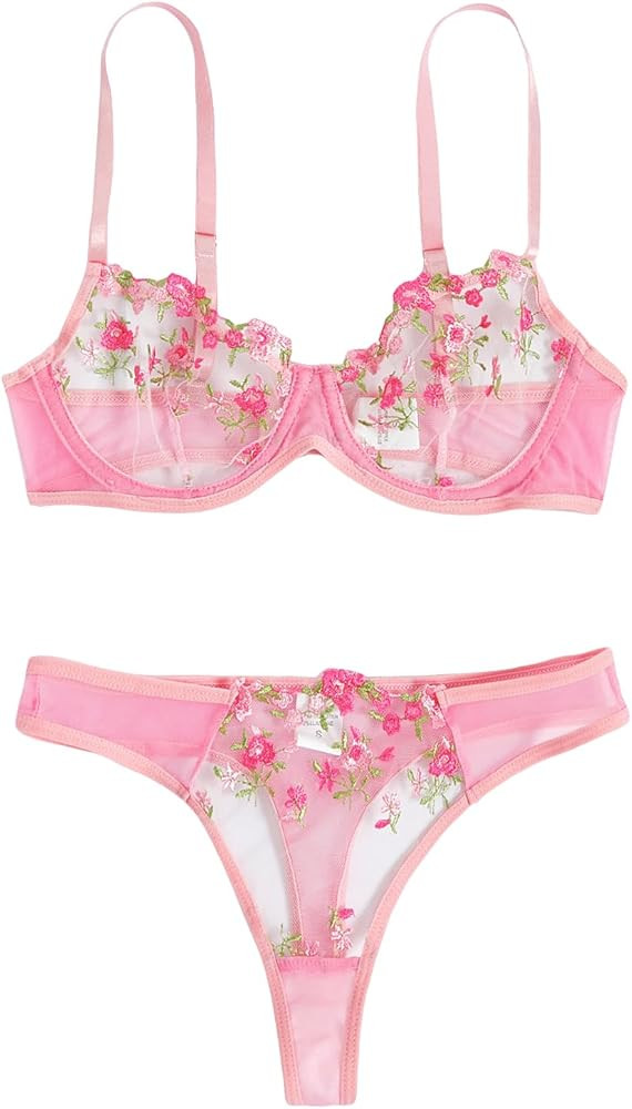 WDIRARA Women's 2 Piece Floral Embroidery Underwire Lingerie Set Mesh Bra and Panty Set | Amazon (US)