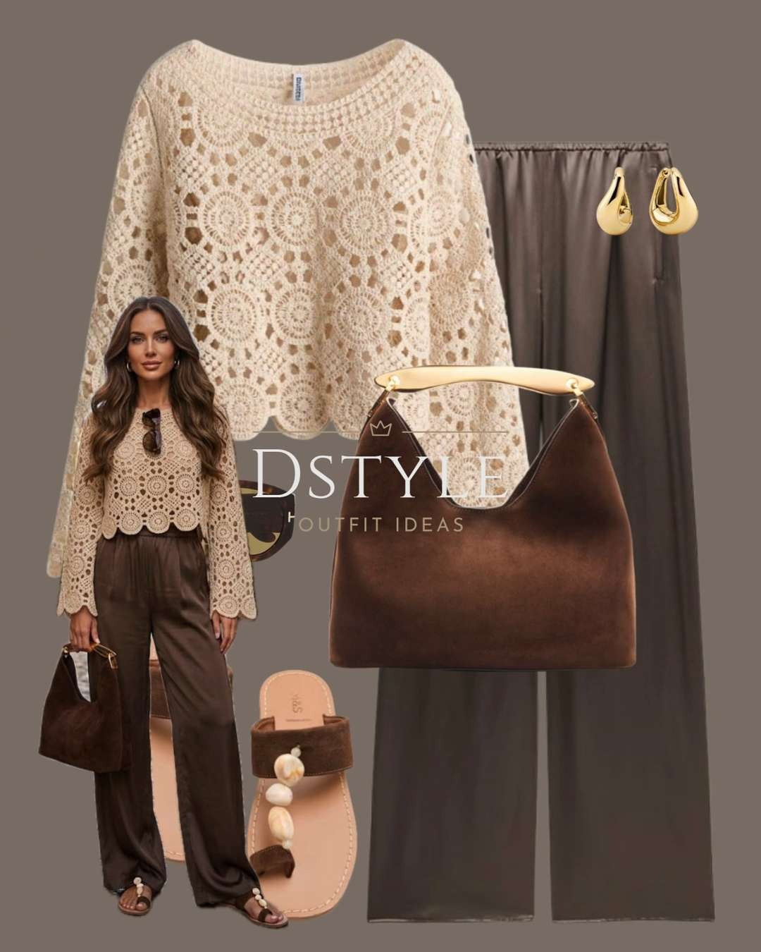 Boho-Chic Crochet & Satin

Shop the Look:
Crochet Scalloped Top: A breathable, textured knit with beautiful open-work detailing.

Satin Wide-Leg Pants: High-waisted and flowing for a comfortable yet high-end silhouette.

Gold-Handle Suede Bag: A structural statement piece that adds a modern touch.

Shell-Detail Sandals: Earthy and elegant footwear for a coastal-inspired vibe.

Teardrop Gold Earrings: Bold, sculptural jewelry to complete the glow.

tags: Crochet Top Outfit, Satin Pants Styling, Boho Luxury, Summer Vacation Style, Neutral Resort Wear, Textured Summer Fashion. 

 #LTKootd #LTKSeasonal #LTKOver40