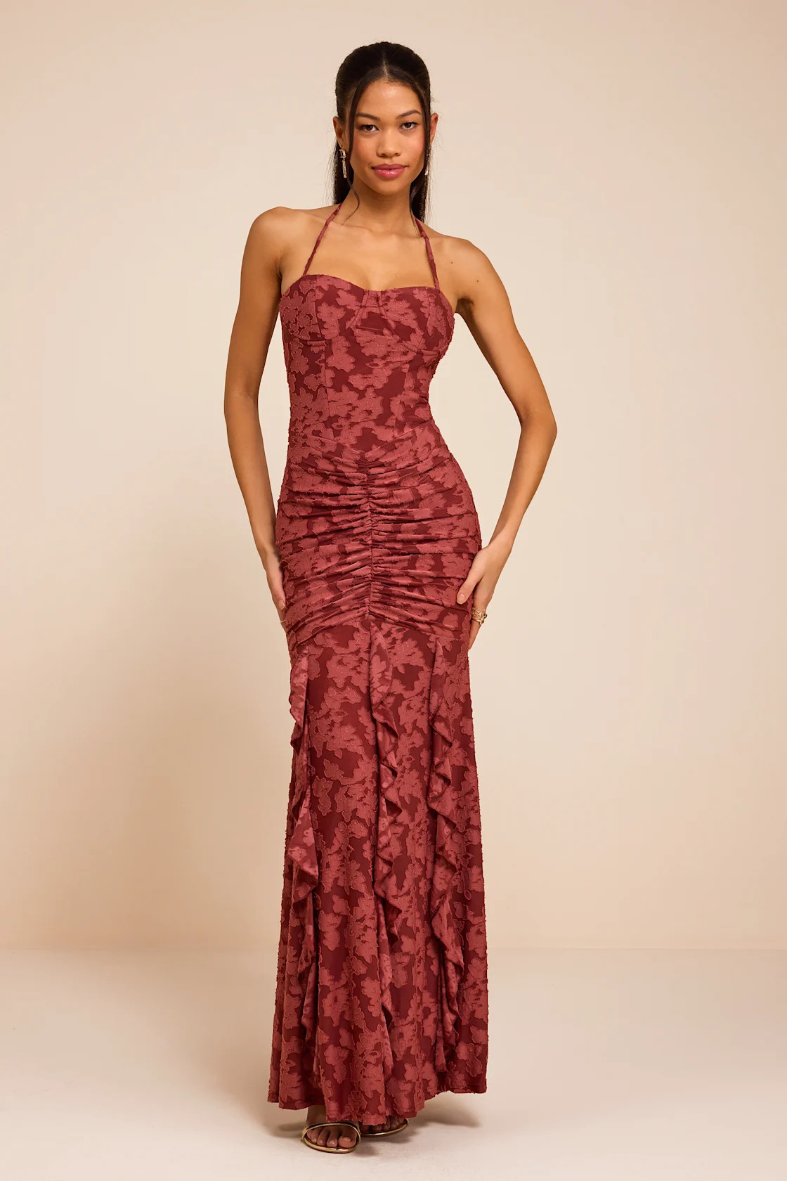Dimona Rusty Rose Floral Burnout Ruched Maxi Dress | Lulus