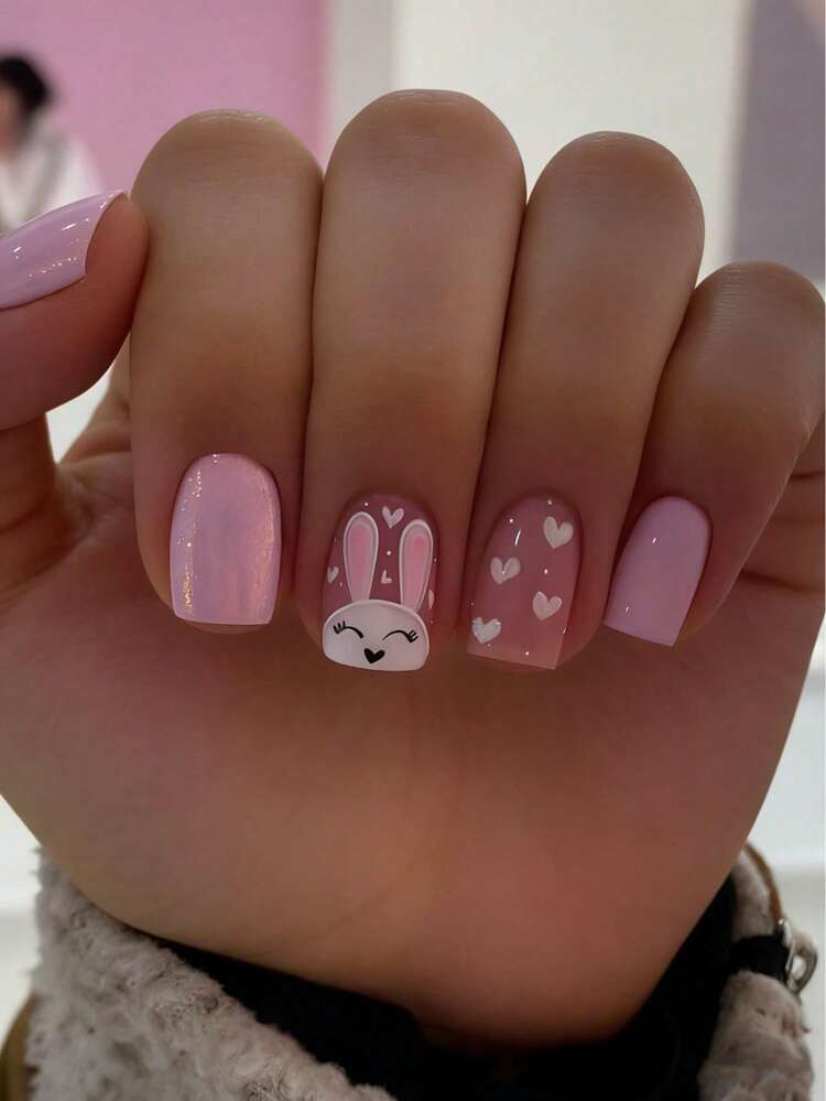 Easter 24 Pieces Of Short Square Acrylic Nail Art Patches With Bunny Heart Design Push-On Nails A... | SHEIN