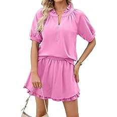 SHEWIN Two Piece Sets for Women Half Zip Up Puff Short Sleeve Tops and Ruffled Shorts Lounge Set ... | Amazon (US)