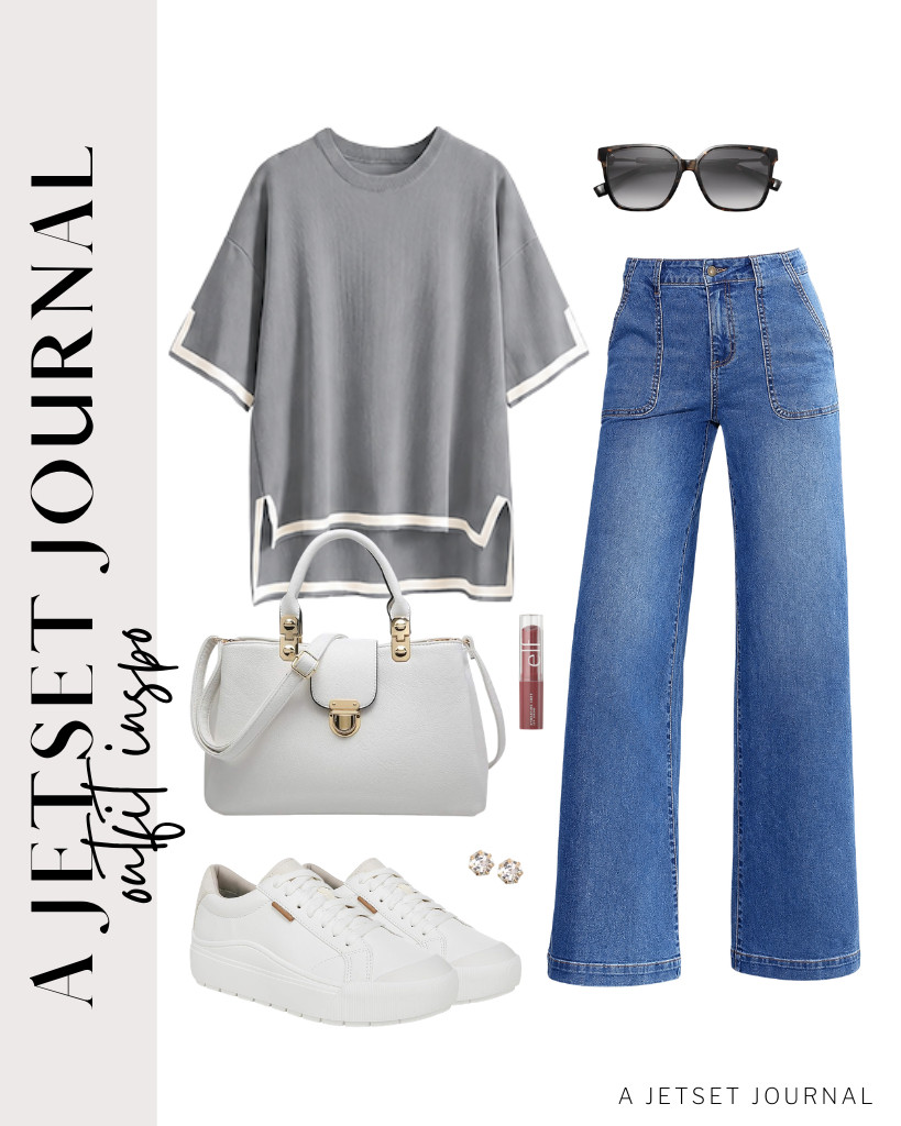 Start by wearing a gray knit pullover top and pair it with Sidefeel’s wide-leg jeans. Dr. Scholl’s time off sneakers and this satchel bag perfectly match the look. Put on your stud earrings to finish the fit.

#LTKSeasonal #LTKSaleAlert #LTKTravel
 

 
