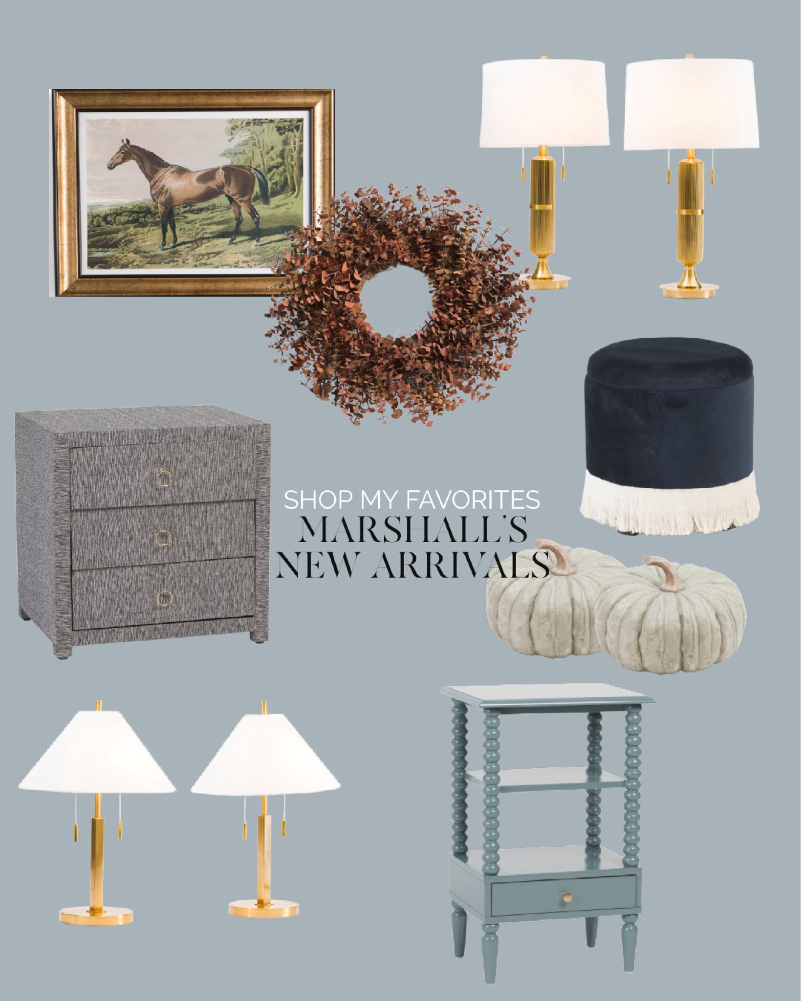 Gold brass lamps set of two, console table lamps, bedroom lamps, equestrian wall art, navy velvet fringe ottoman with storage, raffia sea grass three drawer side table nightstand, turned spindle leg nightstand, real preserved eucalyptus fall wreath, heirloom faux pumpkin decor 




#LTKFindsUnder50 #LTKSeasonal #LTKHome