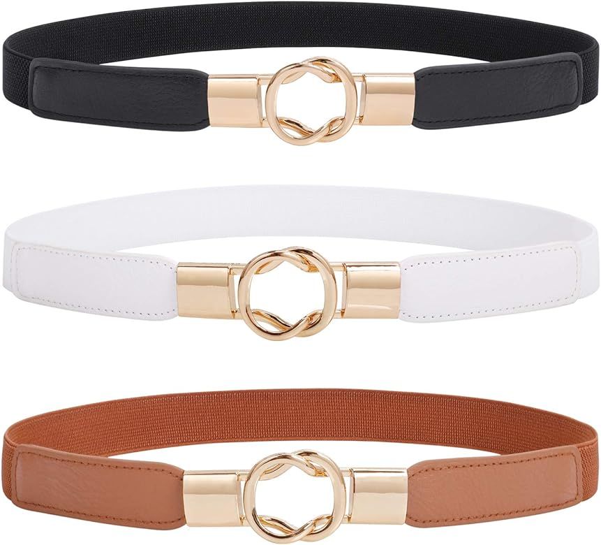 LEACOOLKEY Women Skinny Stretchy Waist Belt for Dress Ladies Elastic Thin Belt Plus Size | Amazon (US)