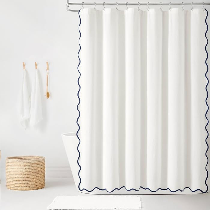 Lush Decor Coastal Chic Scallop Edge Linen-Textured Shower Curtain, Single 72" W x 72" L, Navy & ... | Amazon (US)