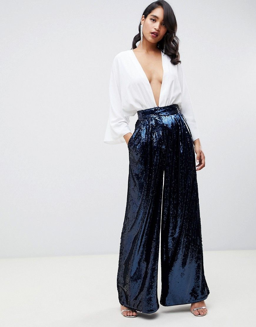 ASOS EDITION high waisted sequin wide leg pants - Navy | ASOS US