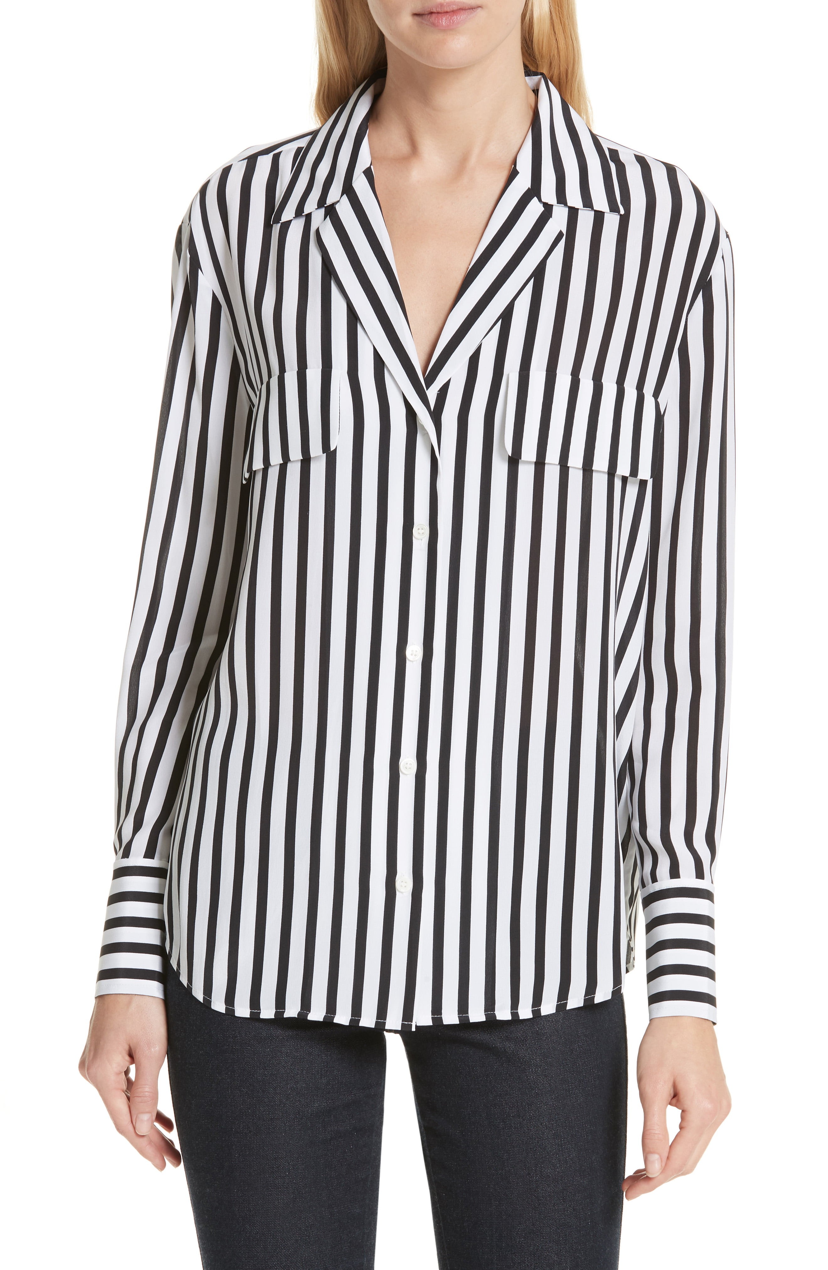 Women's Frame Stripe Flap Pocket Silk Blouse | Nordstrom
