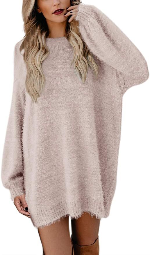 Meenew Women's Furry Pullover Sweater Dress Loose Oversized Long Knitted Tops | Amazon (US)