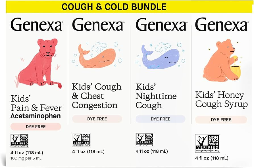 Genexa Kids' Clean Cough Medicine & Honey Cough Syrup, Pain & Fever Reducer Value 4-Pack, Dye Fre... | Amazon (US)