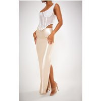 Champagne Stretch Satin Split Side Maxi Skirt | PrettyLittleThing US