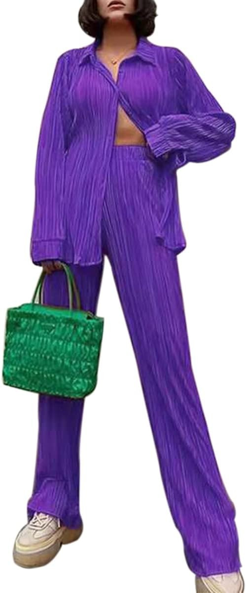 ABYOVRT Pleated 2 Piece Outfits for Women Long Sleeve Oversized Button Down Shirt Wide Leg Pants ... | Amazon (US)