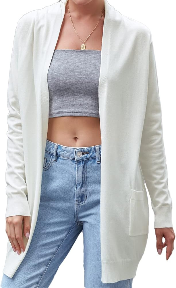 Women Long Sleeve Chunky Knit Open Cardigan with Pockets Ivory XXXL | Amazon (US)