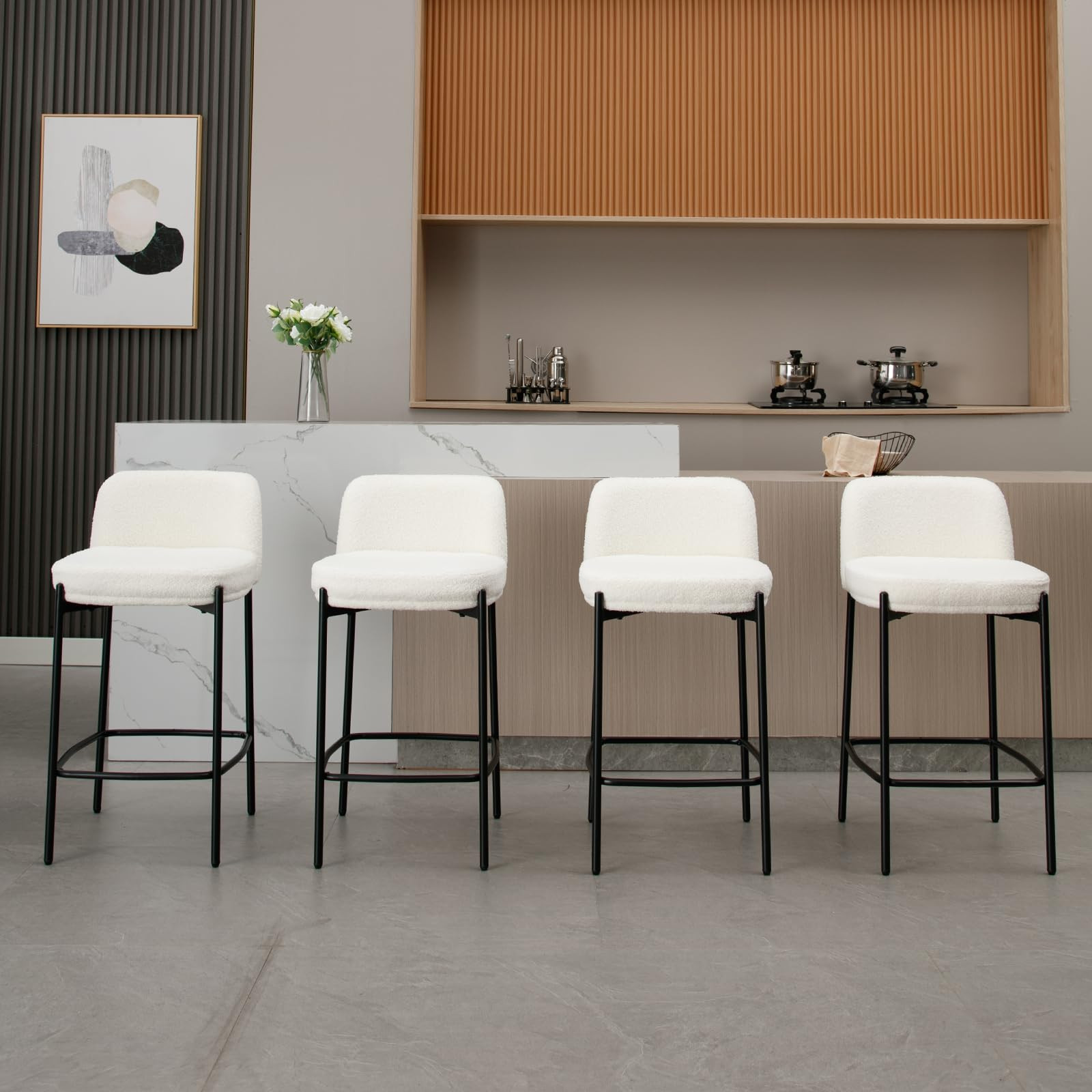 Guyou Modern White Sherpa Counter Stools with Black Metal Legs, 26" Upholstered Counter Height Ba... | Amazon (US)