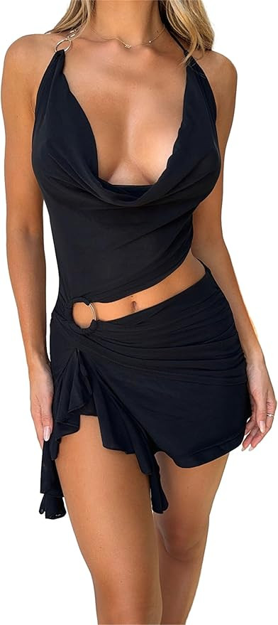 Thopavenoir Women Sexy Cut Out Mini Dress Tie Dye Halter Neck Ruffle Short Dresses Bodycon Plunge... | Amazon (US)