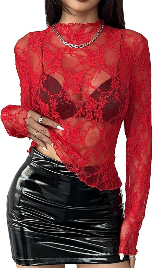 Women's Long Sleeve Mesh Top Mock Neck Sheer Blouse Sexy See Through Floral Lace Tops Party Club ... | Amazon (UK)