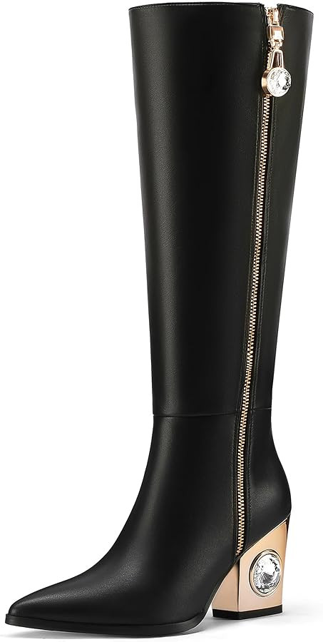 Knee High Boots for Women Cowboy Boots Chunky Heel Pointed Toe Cowgirl Boots with Rhinestone Side... | Amazon (US)