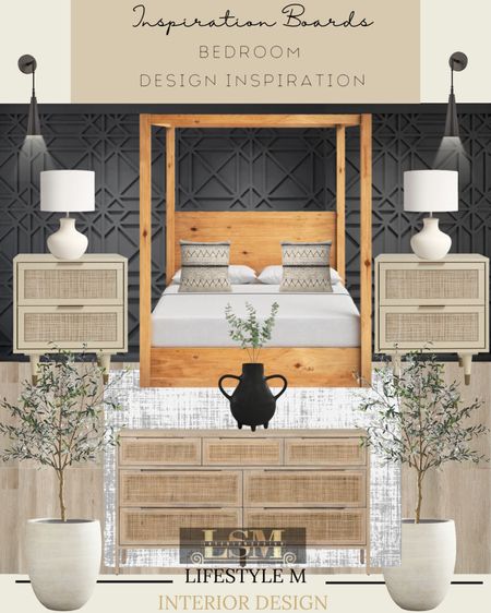 Master Bed Room Inspiration. Recreate the look at home. Wood canopy bed, wood cane dresser, wood cane night stand, wood floor tile, white tree planter pot, faux fake tree, black vase, faux fake plant, throw pillow, table lamp, black wall sconce light.

#LTKhome #LTKFind #LTKstyletip