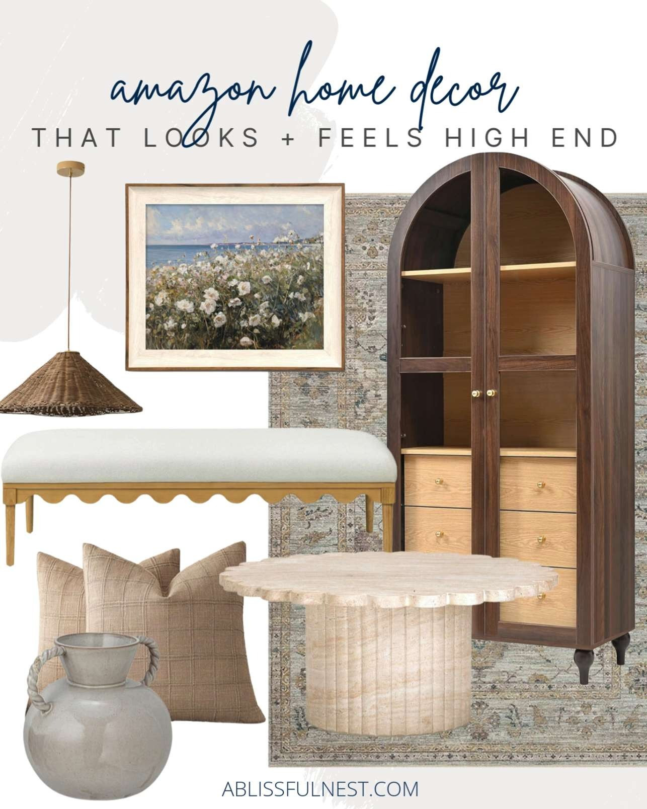 These Amazon finds look so high end but are surprisingly affordable. Shop the look.

rattan chandelier light fixture, kitchen pantry cabinet, stoneware vase with twisted handles, travertine finish coffee table, cream mohair bench, wall art room decor, linen check throw pillow, vintage inspired area rug. 

 #LTKHome