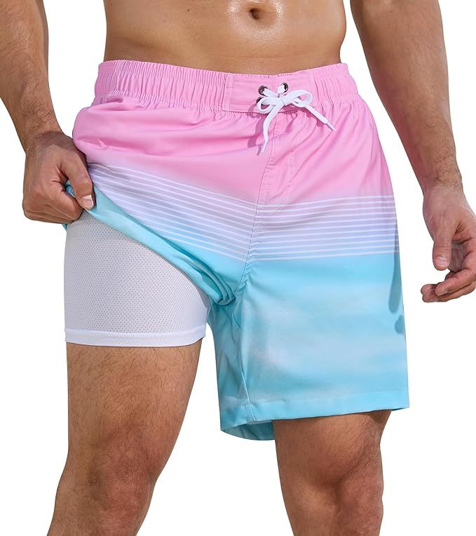 SILKWORLD Mens Swimming Trunks 2 in 1 Quick Dry Bathing Suit Elastic Waist Beach Shorts with Zipp... | Amazon (US)