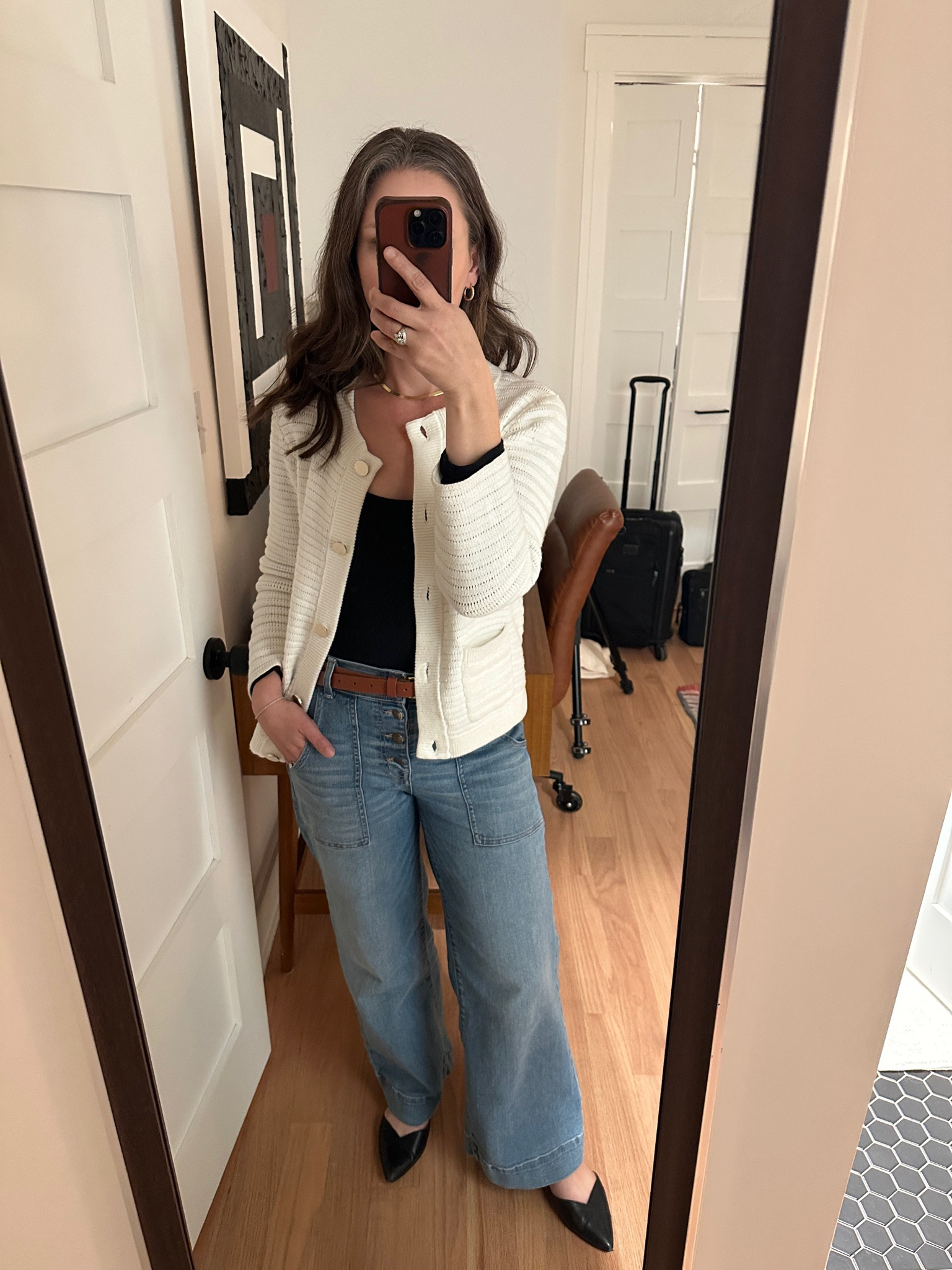 For mom’s night out last night I made a few changes to my daytime look: I swapped out the t-shirt for a bodysuit and the sneakers for black mules with a gold buckle. I also added my gold necklace for a little more bling. The jeans, cardigan and belt remained the same  

#LTKParties #LTKStyleTip #LTKShoeCrush