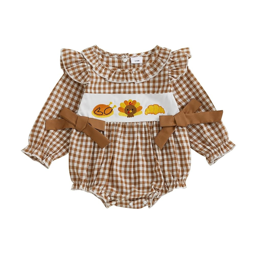 Honganda Baby Girl Plaid Romper Long Sleeve Pumpkin Turkey Ruffle Onesie with Bows Halloween Than... | Amazon (US)