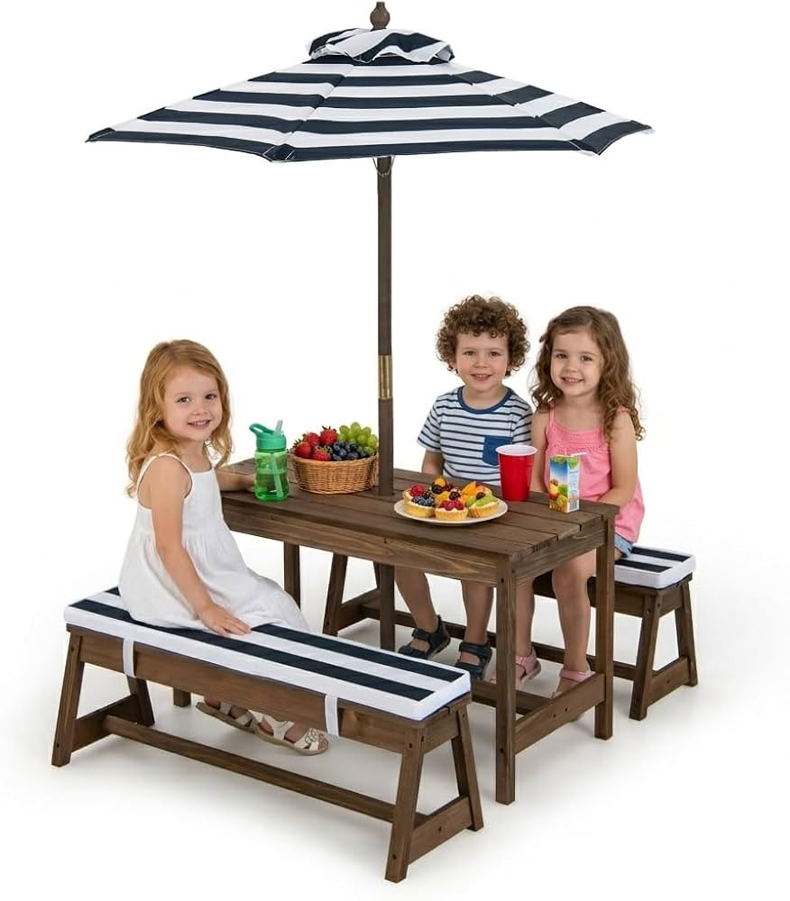 Costzon Kids Picnic Table, Toddler Wood Table & Chair Set w/Cushions, Height Adjustable Umbrella,... | Amazon (US)