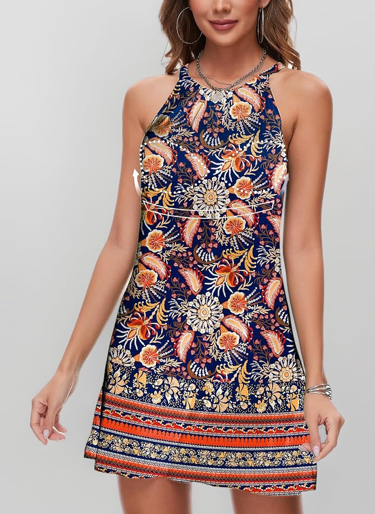 ANYFITTING Summer Dress with Built in Bra Women's Sleeveless Halter Neck Beach Dresses Loose Swin... | Amazon (UK)