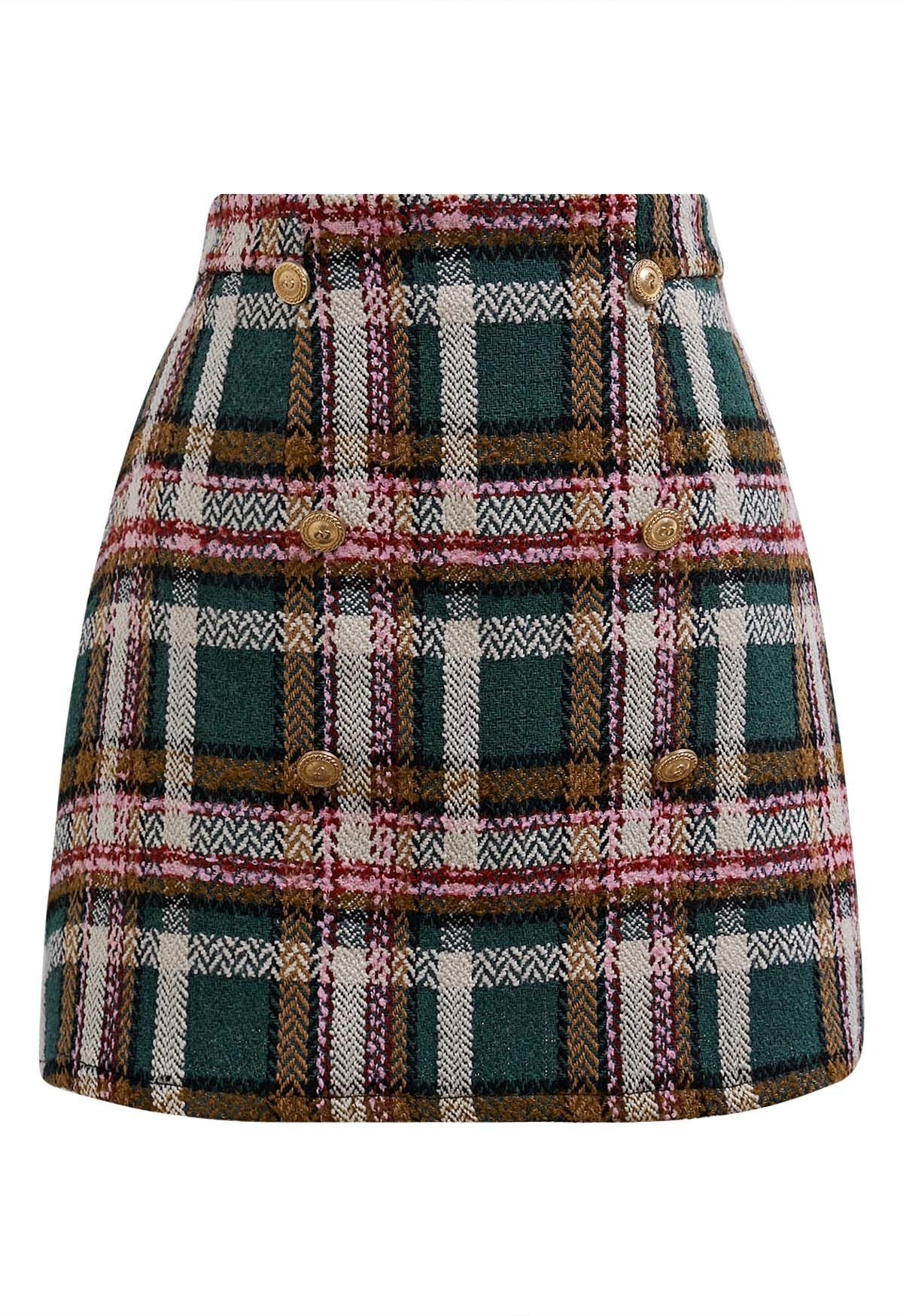 Golden Buttons Green Plaid Wool-Blend Mini Skirt | Chicwish