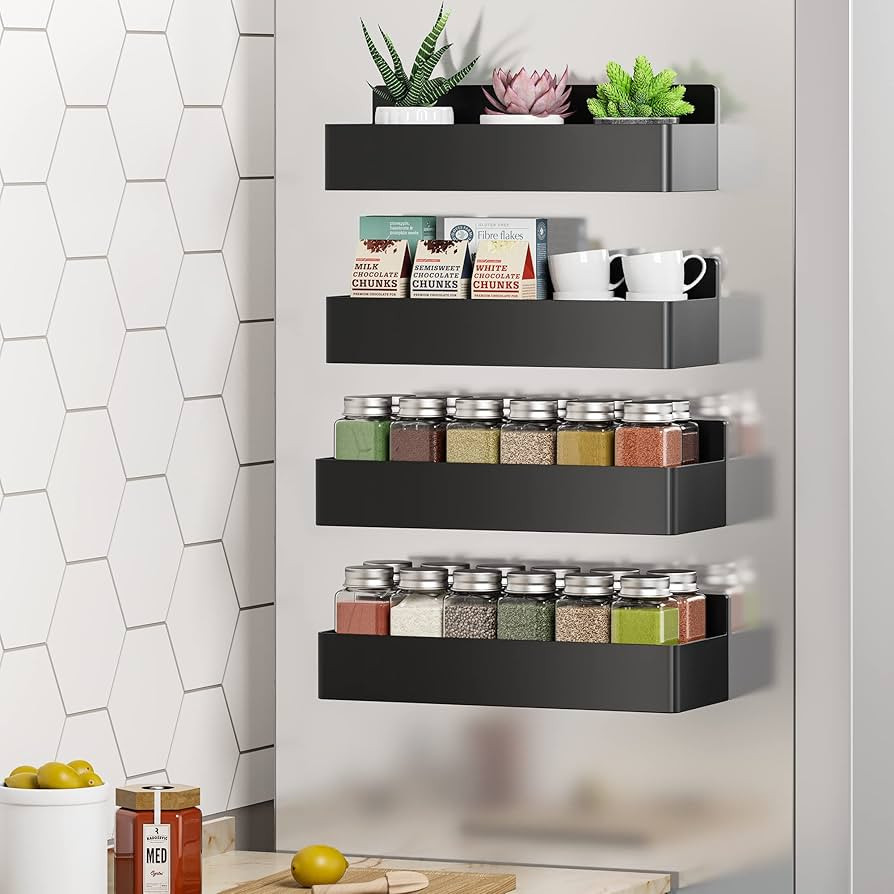 Mystozer Magnetic Spice Rack for Refrigerator, Kitchen Organizer and Storage Shelf, Black (4 Pack... | Amazon (US)