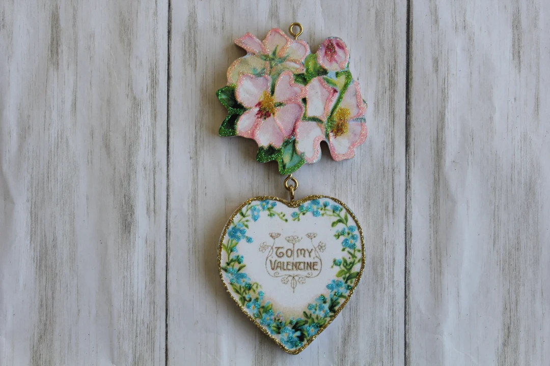 Apple Blossoms and Heart Valentine Ornament Vintage Card Image Glitter and Wood Holiday Tree Deco... | Etsy (US)