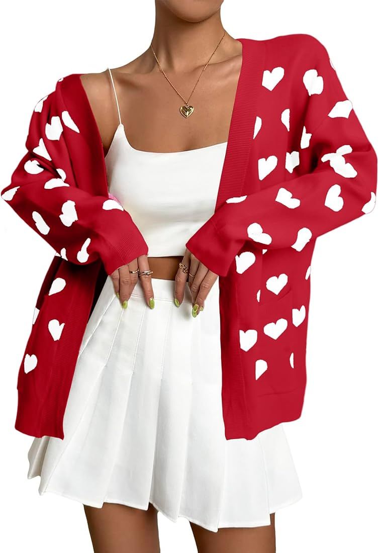 QLIPIN Heart Cardigans Women Valentines Day Cardigan Cute Love Print Sweater Cardigans Casual Kni... | Amazon (US)