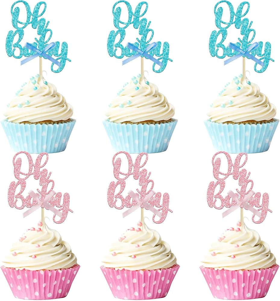 Gyufise 36Pcs Oh Baby Cupcake Toppers Pink Blue Bow Glitter Baby Shower Gender Reveal Cupcake Pic... | Amazon (US)