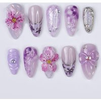 Press On Nails Purple Flower With Butterfly | 3D Pastel Fake in Medium Almond Handmade Spring Nail Art For Holiday, Vacation, Gift | Etsy (US)