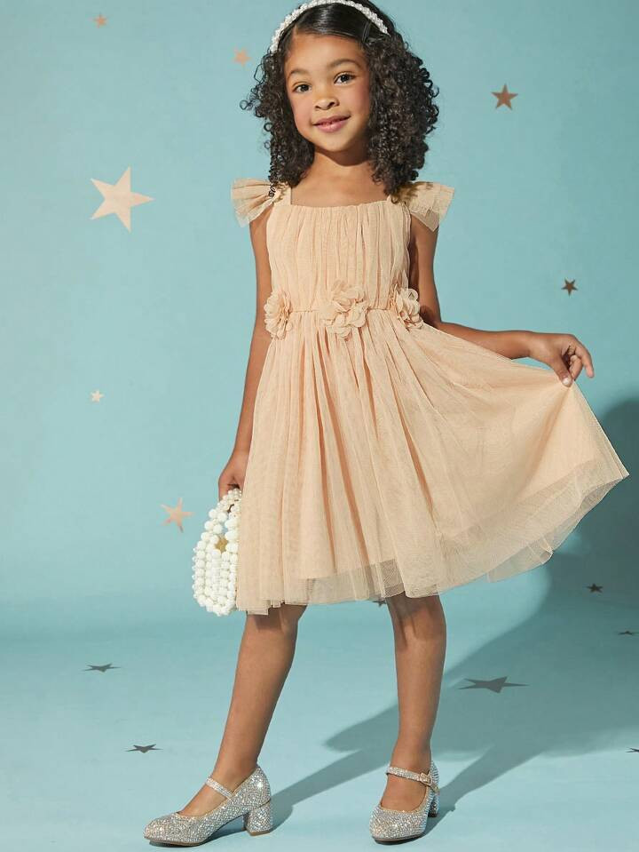 Young Girl Ruffle Trim Mesh Overlay Dress | SHEIN