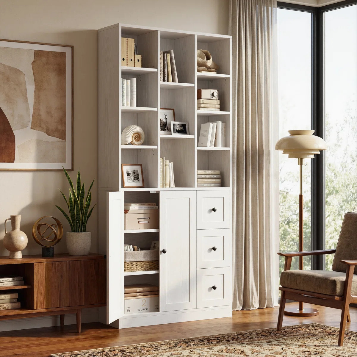 71" Tall Bookcase With 2 Doors And 3 Drawers, 31.5" Wide Bookshelf With 4 Adjustable Shelves For ... | Wayfair North America