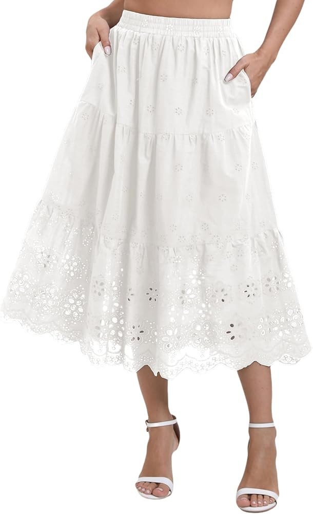 Women's Summer Elastic High Waist A-Line Vintage Embroidery Lace Tiered 2026 Casual Vacation Boho... | Amazon (US)