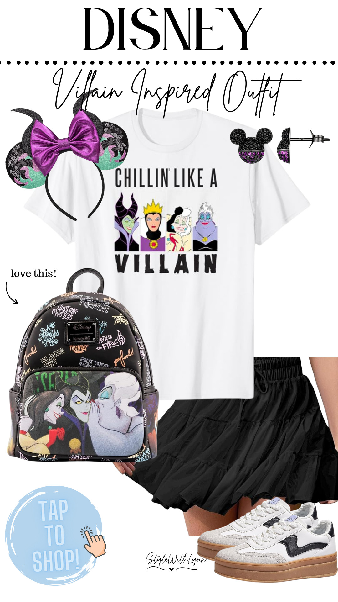 Step into your villain era with this bold and magical Disney Villains inspired outfit—perfect for a day at the parks or the new Disney Villains show at Hollywood Studios! This look features a statement t-shirt showcasing Maleficent, Ursula, Cruella, and the Evil Queen, paired with a matching Loungefly backpack that brings all the villain vibes together. Complete the outfit with Maleficent-themed Minnie ears, a fun and flirty skort, and comfy sneakers that are perfect for exploring the parks in style. Whether you're Disneybounding or just obsessed with the darker side of Disney, this look is a must-have. Tap to shop the full outfit and bring the magic of Disney’s most iconic villains to life! #DisneyVillains #MaleficentStyle #DisneyOutfitInspo #LTKDisney #DisneyboundVillains #UrsulaVibes #CruellaLook #EvilQueenEnergy #LTKStyle #VillainEra 

 
