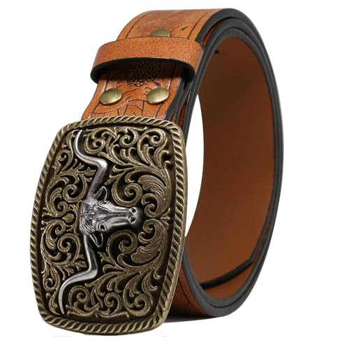 Wojgzon Western PU Leather Cowboy Cowgirl Belt for Men & Women Boys - Vintage Flower Bullhead Leather Waist Belts Texas Buckle for Jeans Pants | Amazon (US)