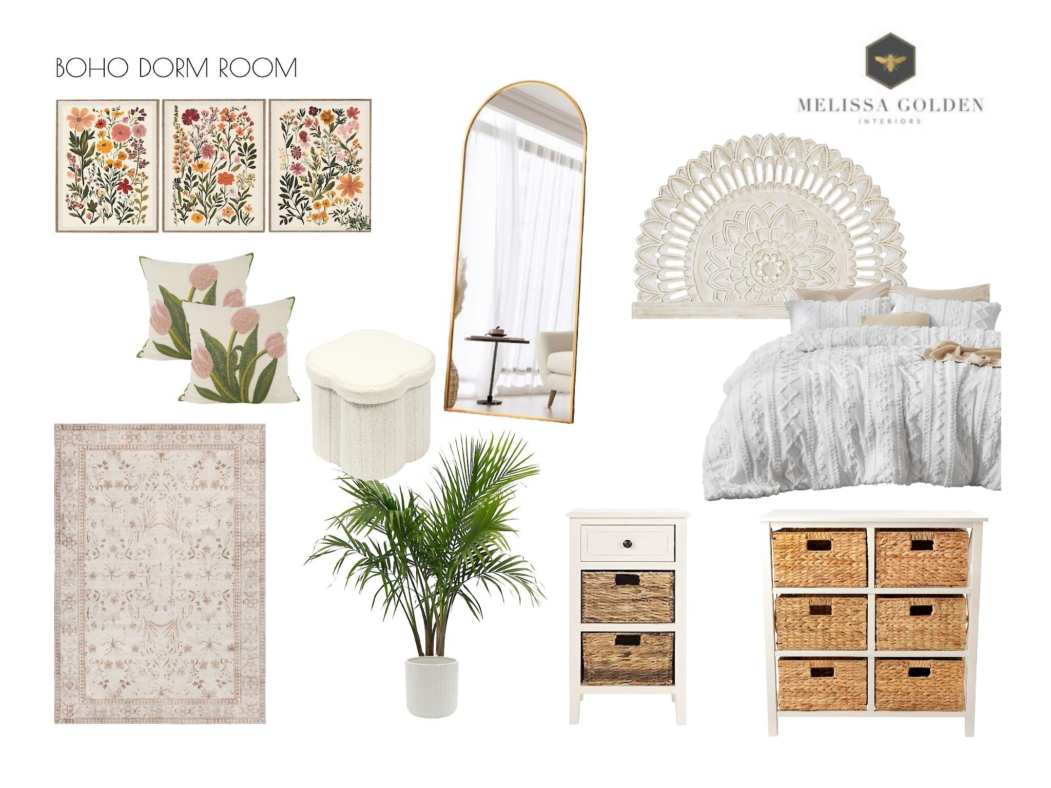 This boho-inspired dorm room design is grounded in natural textures, earthy tones, and an effortlessly relaxed aesthetic. It's created for the free spirited student who values calm, creativity, and individuality, all which maintaining a cohesive and organized space. 

 