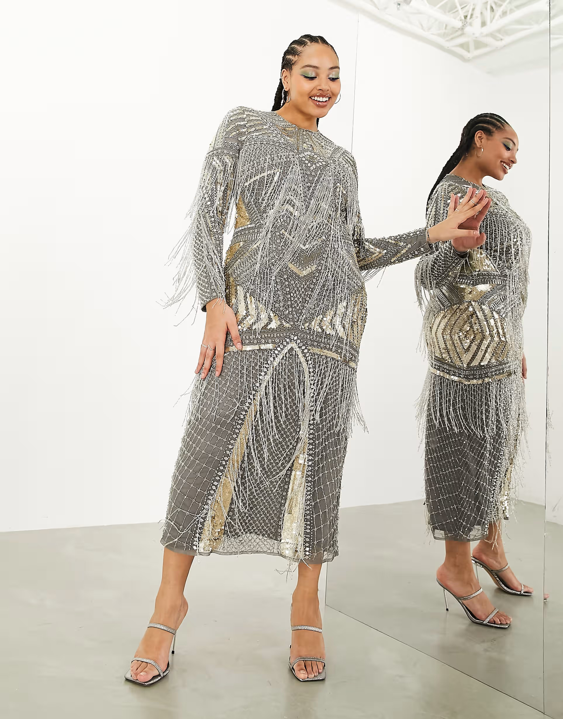 ASOS EDITION Curve statement embellished bodycon midi dress with beaded fringe in charcoal | ASOS | ASOS (Global)