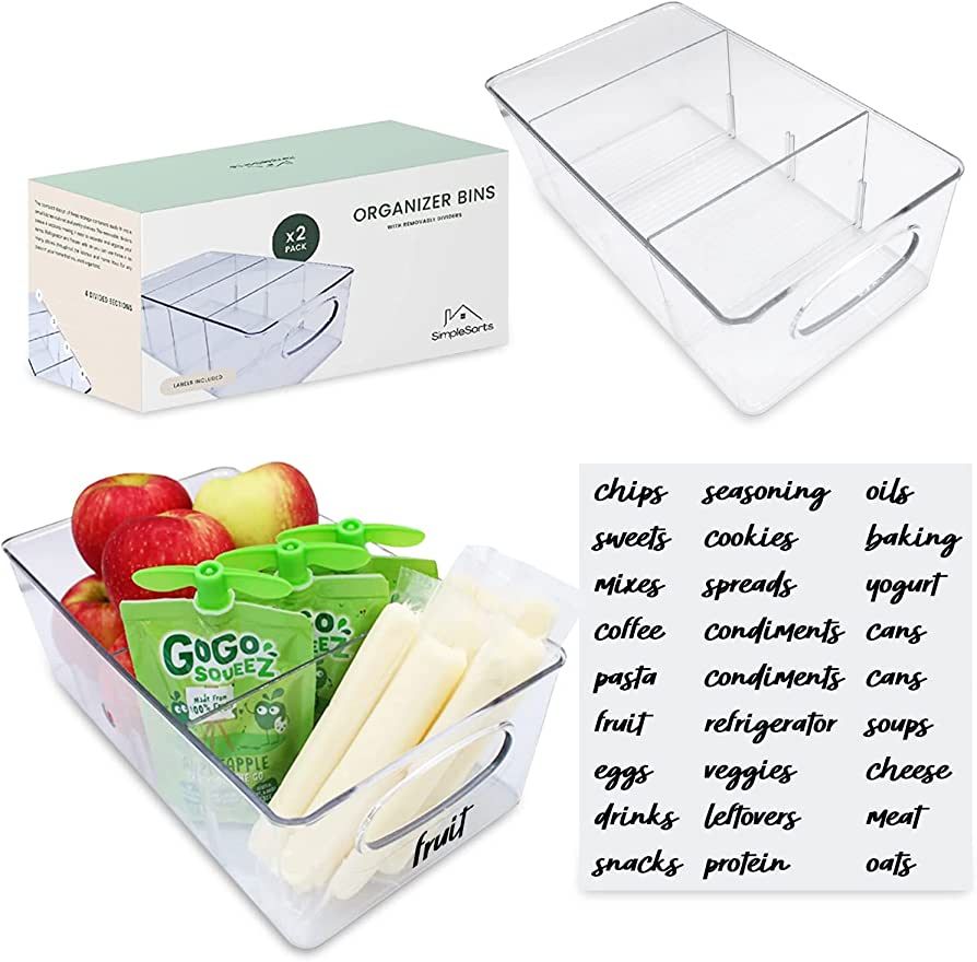 Simple Sorts | Pantry Organization and Storage Bins - 2 pack, Kitchen Organization Bins With Divi... | Amazon (US)