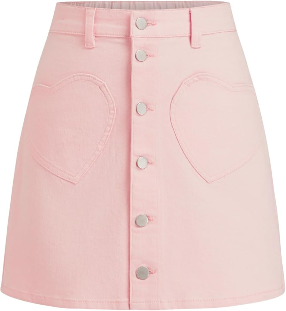 CIDER Denim Mini Skirt Heart Pockets Button Front Cute Casual Skirt | Amazon (US)