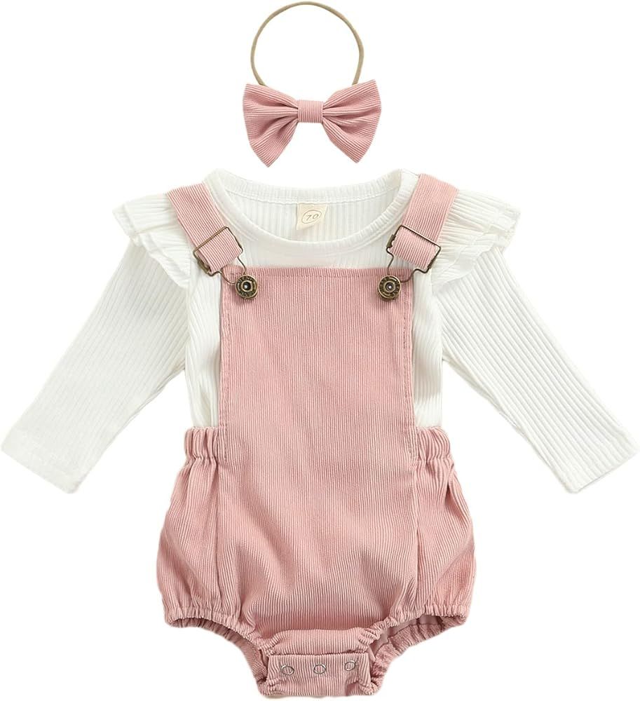 Newborn Infant Baby Girl Summer Clothes Ruffle Short Sleeve Ribbed T Shirt Top Corduroy Suspender Sh | Amazon (US)