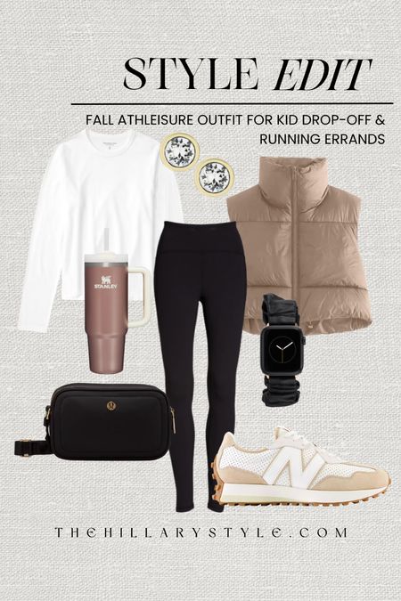 Style Edit: Fall Athleisure outfit for drop-off and running errands. Cropped puffer vest, white king sleeve active shirt, black leggings, pocket leggings, sneakers, crossbody belt bag, camera bag, Apple Watch leather band, Stanley cup, stud earrings. New Balance, Abercrombie, Lululemon, Zella, Nordstrom, Anne Klein. Activewear outfit, Athleisure outfit, fall fashion, fall outfit, fall casual outfit.

#LTKstyletip #LTKSeasonal #LTKfitness