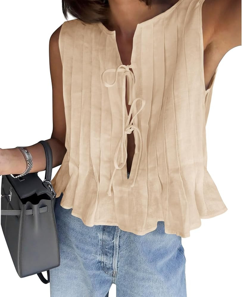 Cicy Bell Womens Bow Front Tie Tank Tops Pleated Babydoll Top Sleeveless Cute Coquette Shirt Summ... | Amazon (US)